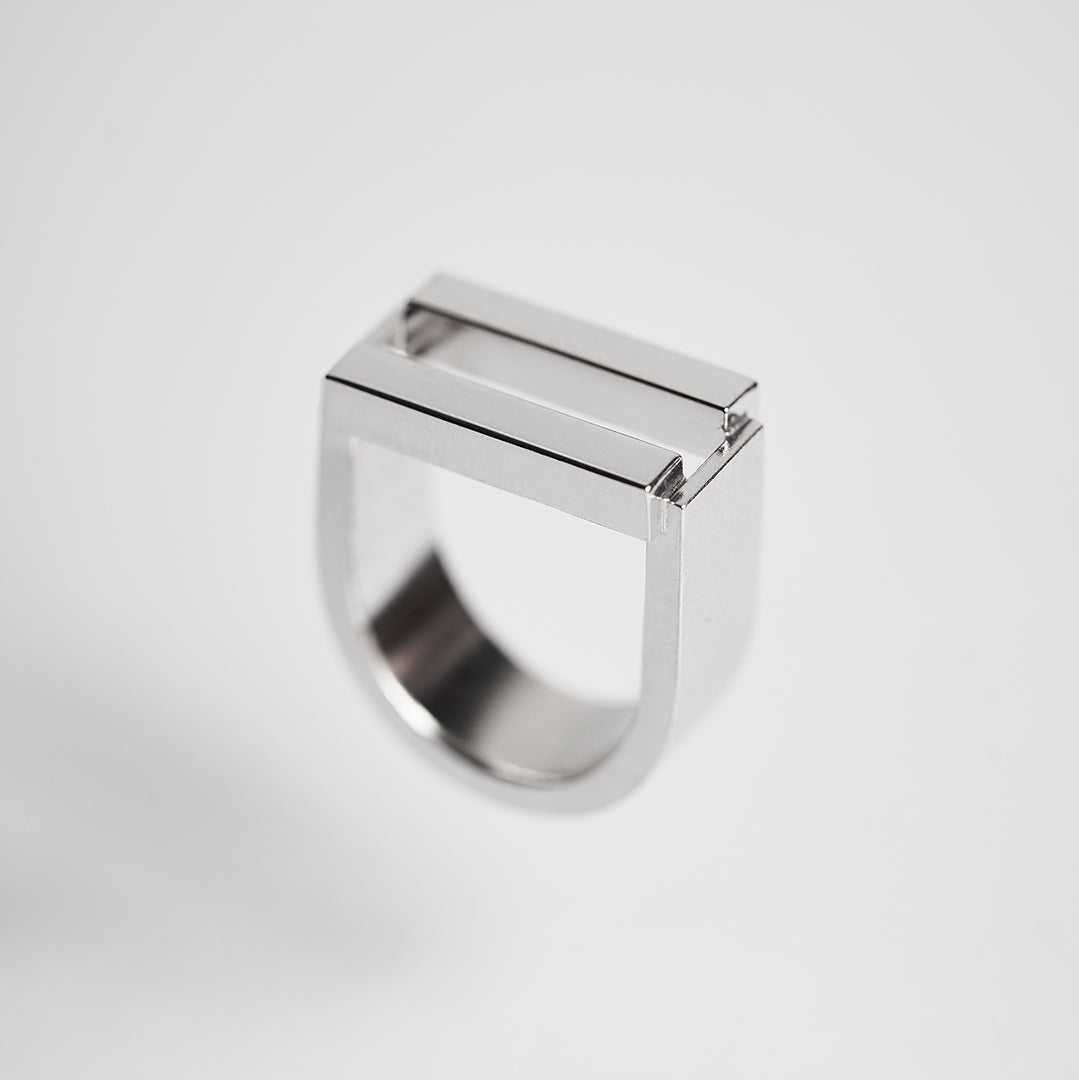Bold, silver, equality ring with parallel bars.