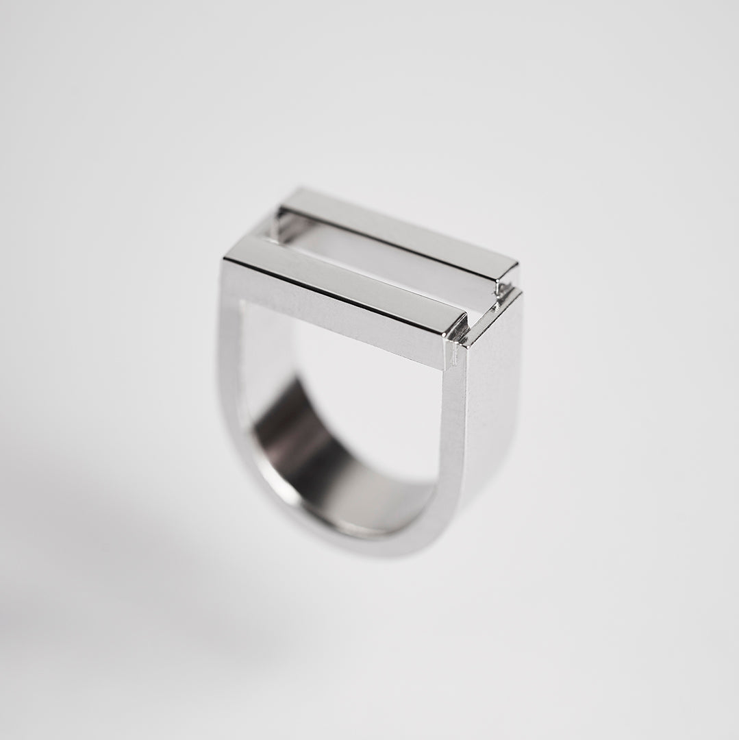 Bold, silver, equality ring with parallel bars. 